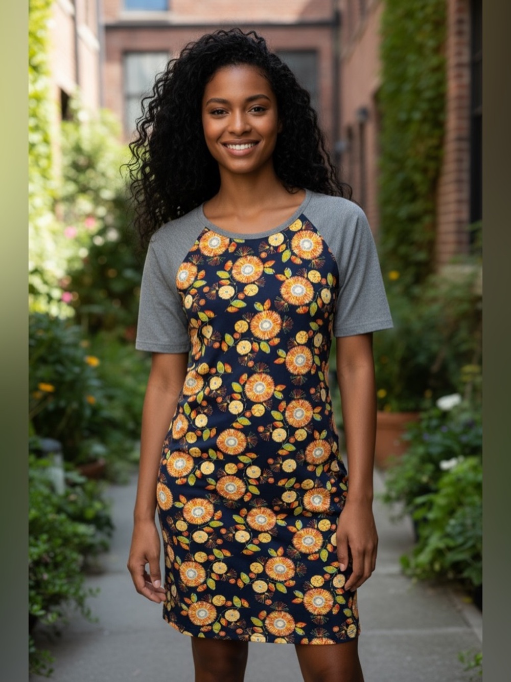 Women’s LuLaRoe Navy Dress with Colorful Floral Print and Gray Trim Size Large
